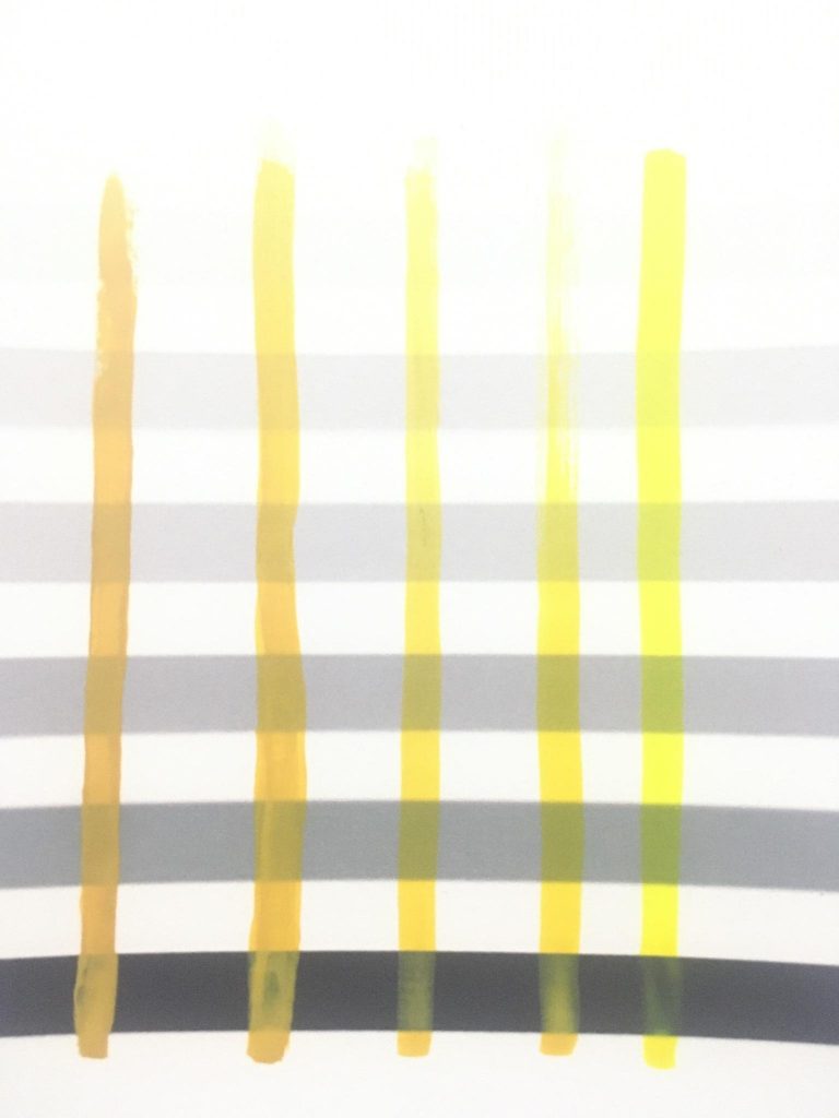 From Left to Right - Pure Oxide Yellow (100%), Pure Oxide Yellow (66%) : Pure Mid Yellow (33%), Pure Oxide Yellow (50%) : Pure Mid Yellow (50%), Pure Oxide Yellow (33%) : Pure Mid Yellow (66%), Pure Mid Yellow (100%)